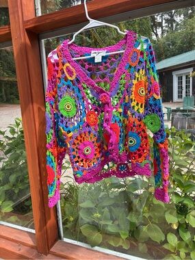 Colorful Crochet Openwork Cardigan Sweater - Multicolor